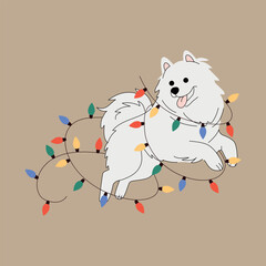Playful fluffy white dog tangled in colorful Christmas lights. Festive cartoon illustration on beige background. Perfect for holiday cards, pet-themed designs, and winter celebration decor. Vector
