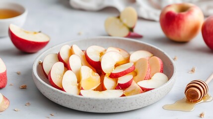 Sliced apples drizzled with honey celebrate Rosh Hashanah traditions in a festive setting