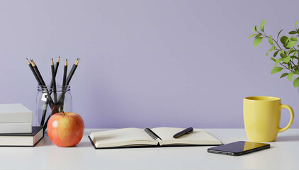 Study desk with apple, yellow mug, and stationery in front of purple wall