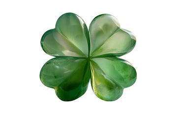 Green four-leaf clover made of glassy, heart-shaped leaves – transparent background.