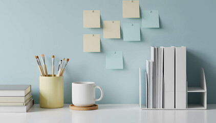 Light blue wall study desk with sticky notes and yellow mug