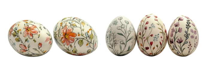 Five hand-decorated Easter eggs with delicate floral illustrations on a transparent background.