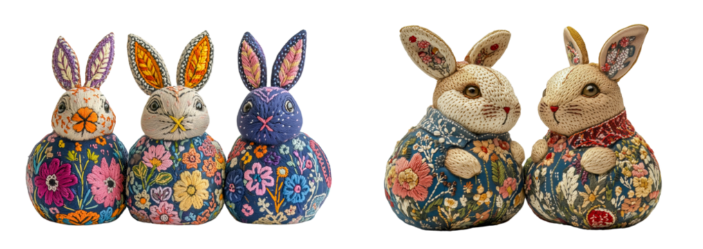 Collection of embroidered Easter bunny figurines with colorful floral patterns on a transparent background.