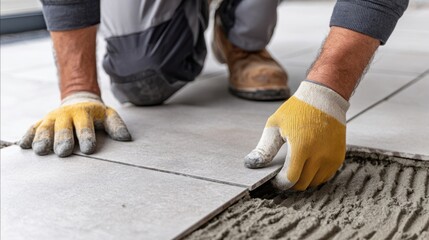 A worker carefully places a gray tile onto a bed of adhesive, wearing yellow work gloves while kneeling.