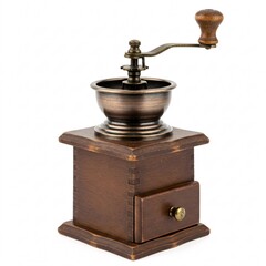 Traditional wooden coffee grinder with a bronze-toned grinding mechanism and a small drawer,