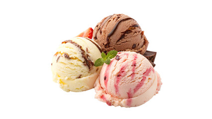 Three Scoops of Ice Cream in Chocolate, Strawberry, and Vanilla Flavors  on a transparent background