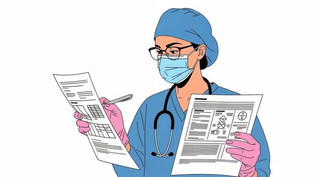 Healthcare Worker Reviewing Medical Documents. Cartoon Illustration