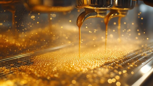 Espresso machine pouring hot coffee.  Golden liquid streams from a professional espresso machine, showcasing the process of making a coffee drink.  