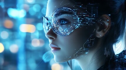 Woman Wearing Glasses with Data Overlay Looking Forward
