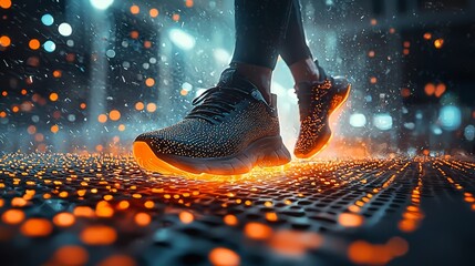 Glowing footwear accentuated by a dynamic grid background.