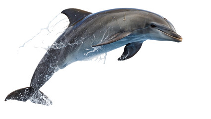 A playful dolphin leaps out of the water creating a splash isolated on transparent background