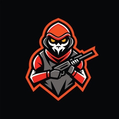 Aggressive Gaming Mascot Logo – Ninja Warrior with Gun | E sports Team, Streaming & YouTube Branding sport, emblem, mascot, team, badge, logotype, design, club, game, graphic