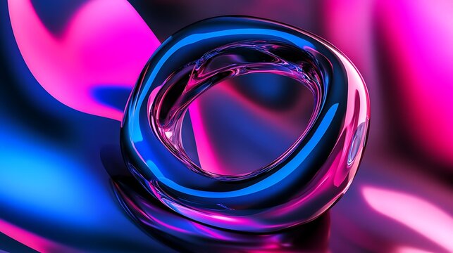 Abstract glass torus with neon pink and blue gradient background
