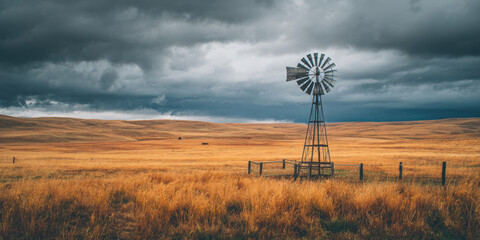 Single windmill surrounded by tall grass on a flat plain, dark overcast clouds above, rustic solitude