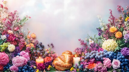 Celebration of Rosh Hashanah with floral arrangements, traditional challah bread, candles, and vibrant flowers in an enchanting setting