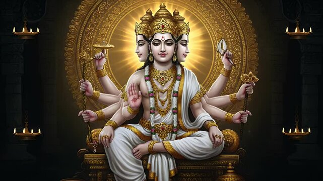 Multi-headed deity seated on ornate throne, surrounded by golden decorative circle and lamps