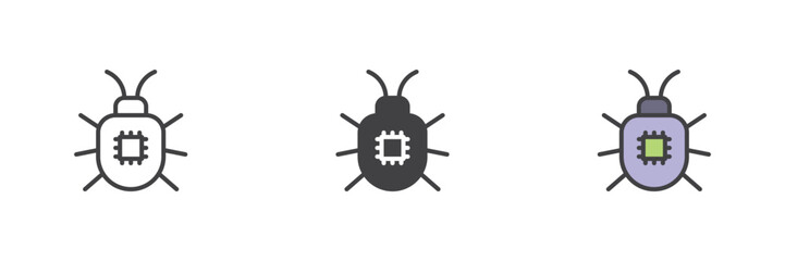 Bug malware icon set in line, solid and filled outline style