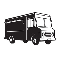 Black and white vector illustration of a modern food truck isolated on white background