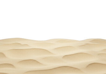 Obraz premium Ultra realistic, top-down view of clean, fine-grained, light beige sand with subtle ripples and dune formations, isolated on transparent background with copy space, soft studio light. Concept of