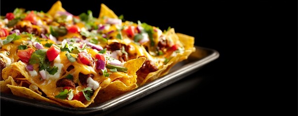 Loaded Nachos Platter: A delectable platter of loaded nachos, overflowing with melted cheese, seasoned ground beef, pico de gallo, sour cream, and fresh cilantro, served on a dark background. 