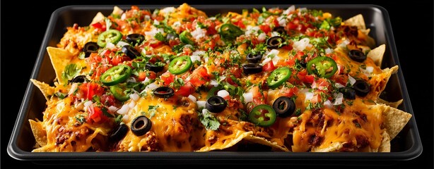 Nachos Extravaganza: A delectable tray of golden, crispy tortilla chips, generously loaded with layers of melted cheese, fresh toppings, and vibrant flavors. A feast for the senses!
