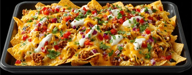 Delectable Nachos on Tray: Close-up shot of a vibrant and mouthwatering plate of nachos, overflowing with melted cheese, savory meat, fresh salsa, and cool, creamy drizzle.