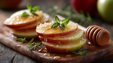 Slices of apples drizzled with honey for Rosh Hashanah celebration on a wooden board