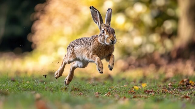 A brown hare leaps gracefully across a grassy field.