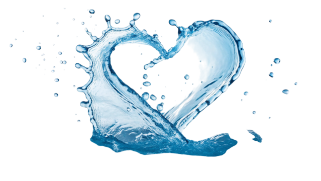 Dynamic blue water splash forming a heart shape isolated on transparent background