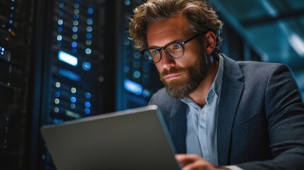 Innovative IT specialist analyzing data trends utilizing a sleek laptop surrounded by advanced server equipment emphasizing the synergy of human expertise and technological advancement
