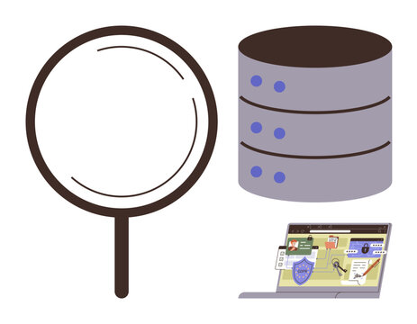Magnifying glass, database, and laptop screen with investigation details represent analysis, data security, research. Ideal for cybersecurity, analytics, information systems, database management