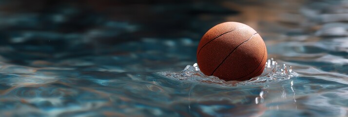 Basketball floating on water surface with ripples in natural light