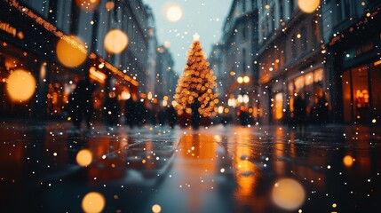 Festive Christmas tree on city street, snowy night