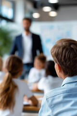 Fototapeta premium Caucasian male teacher engaging with attentive children in a classroom setting