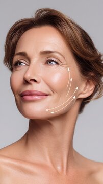 Vertical shot of a confident woman her skin glowing after a facelift procedure. Lifting arrows subtly highlight facial contours presenting an inspiring view of advanced cosmetic treatments