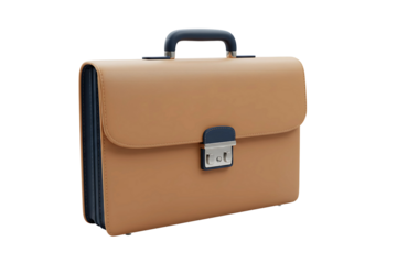 Classic brown leather briefcase with blue accents and metal clasp, isolated on transparent background for business, professionalism, corporate, and office themes.