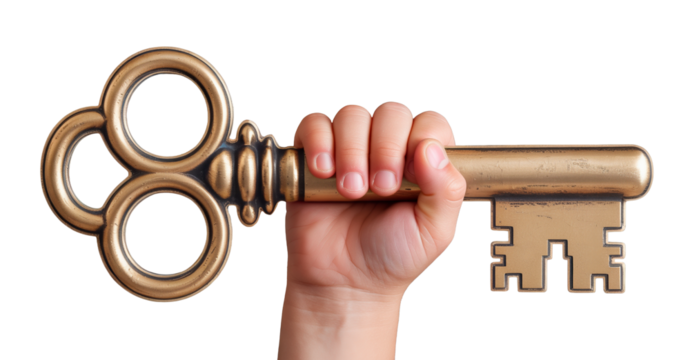 Child’s hand holding a large antique key on a transparent background