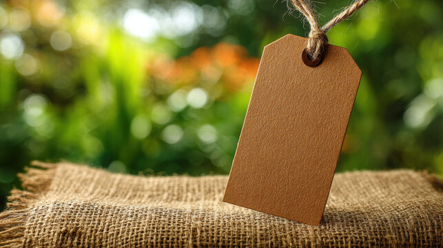 Blank brown tag made from recycled kraft paper, hanging with twine above rustic burlap surface, soft natural daylight and bokeh foliage