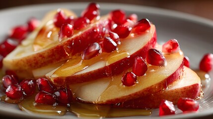 Slices of apple drizzled with honey and topped with pomegranate seeds for Rosh Hashanah celebration
