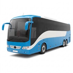 Blue bus with a sleek design and large windows,