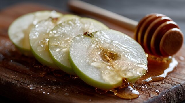 Slices of green apples drizzled with honey for Rosh Hashanah celebrations and holiday traditions - Powered by Adobe