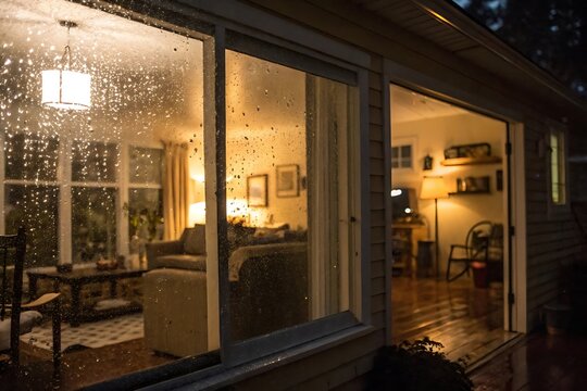 Cozy Rainy Night Inside a Warm and Inviting Home, Seen Through a Rain-Streaked Window - Powered by Adobe