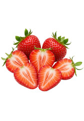 Vibrant red strawberries, whole and cross-sections, with green calyxes and tiny seeds, artfully arranged on a transparent background with copy space, hyper-realistic macro studio shot, overhead.