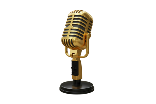 Vintage golden condenser microphone on stand, isolated on transparent background for audio production, podcasting, music, and broadcasting.