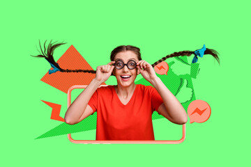 Image full pop trend collage of happy girl guy stand phone peek hand hold heart like reaction...