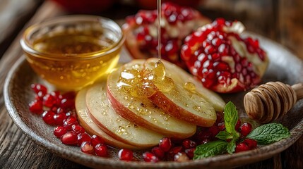 Sliced apple drizzled with honey and surrounded by pomegranate seeds for Rosh Hashanah celebration
