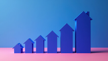 Ascending Heights Real Estate Market Growth Depicted Through a Series of Blue House Silhouettes on a Gradient Background Symbolizing Property Value Increase