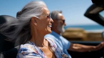 A joyful senior couple enjoying a sunny day driving in a convertible car