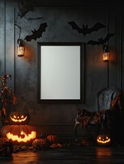 Halloween-themed poster mockup with candlelight, dark rustic wall, and moody autumn decor setting.
