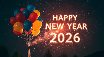  Happy New Year 2026 Greeting with Glowing Text and Colorful Balloons in a Starry Night Sky.